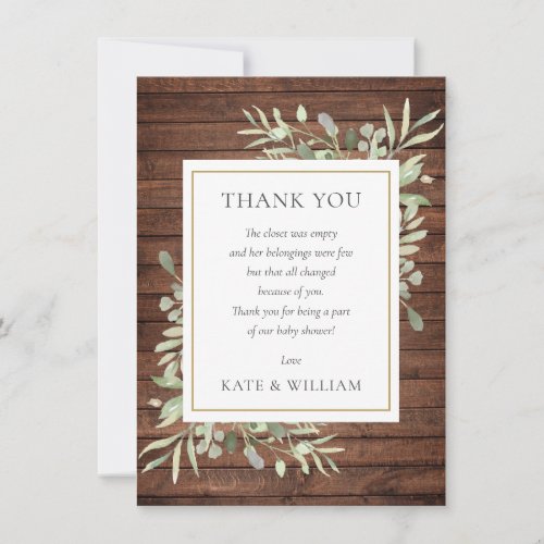 Rustic Wood Greenery Baby Shower Poem Thank You Card