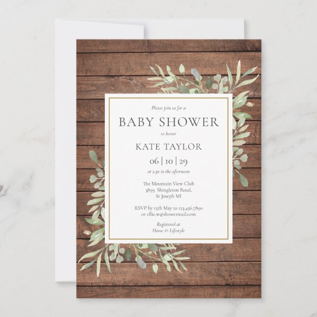 Rustic Wood Greenery Baby Shower / Sprinkle Invitation (Front)