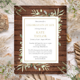 Rustic Wood Greenery Celebration of Life Funeral Announcement Postcard