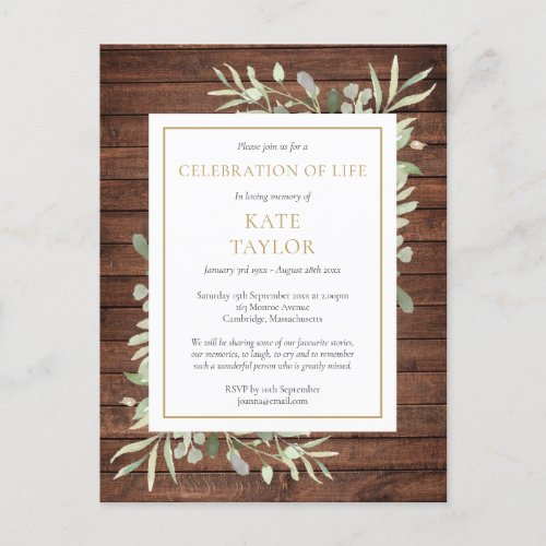 Rustic Wood Greenery Celebration of Life Funeral  Announcement Postcard