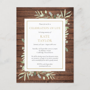 Rustic Wood Greenery Celebration of Life Funeral  Announcement Postcard