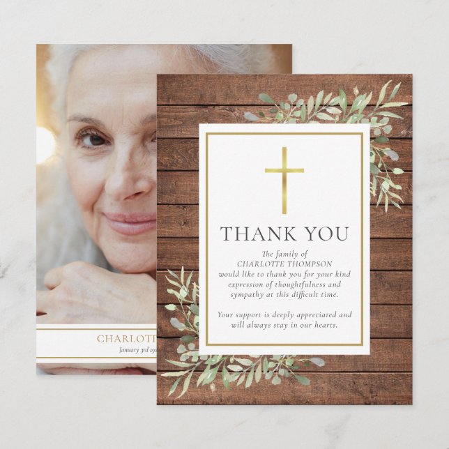 Rustic Wood Greenery Christian Photo Funeral Thank You Card (Front/Back)