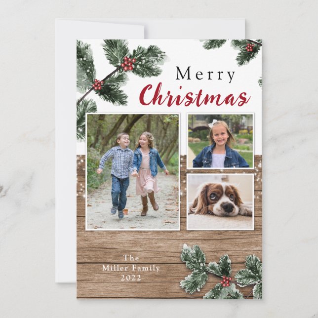 Rustic wood greenery Christmas holiday photo card (Front)