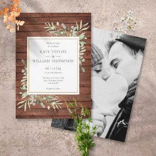 Rustic Wood Greenery Country Wedding Photo Invitation