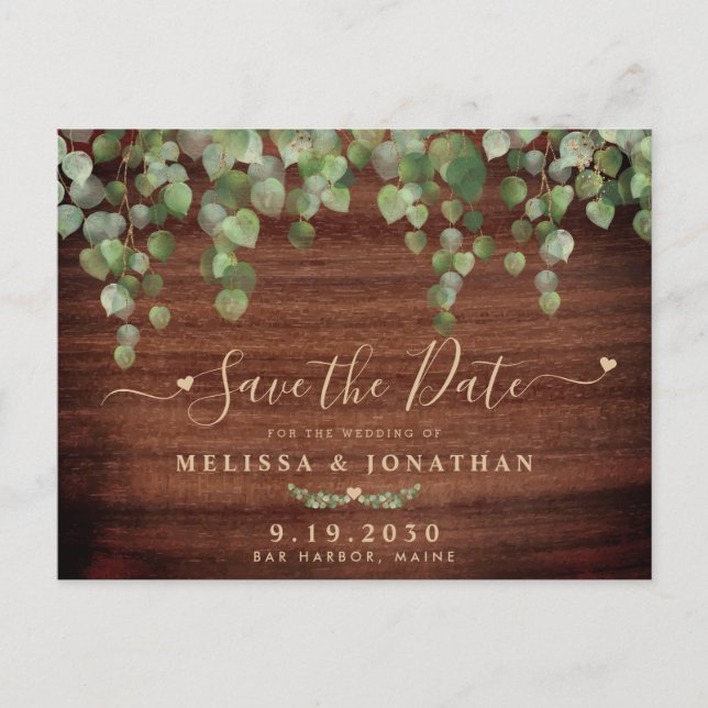 Rustic Wood Greenery Country Wedding Save The Date Announcement Postcard (Front)