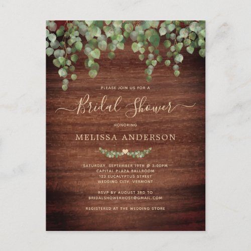 Rustic Wood Greenery Eucalyptus Bridal Shower Invitation Postcard