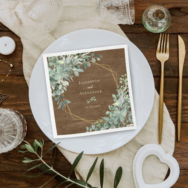 Rustic Wood Greenery Eucalyptus Geometric Wedding Napkins (Creator Uploaded)