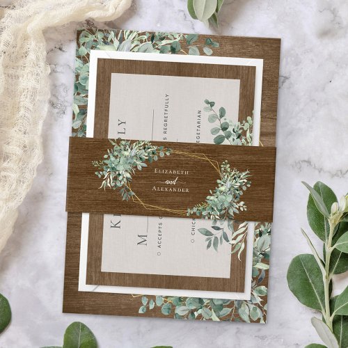 Rustic Wood Greenery Eucalyptus Gold Wedding Invitation Belly Band