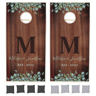 Rustic Wood Greenery Eucalyptus Monogram Wedding Cornhole Set
