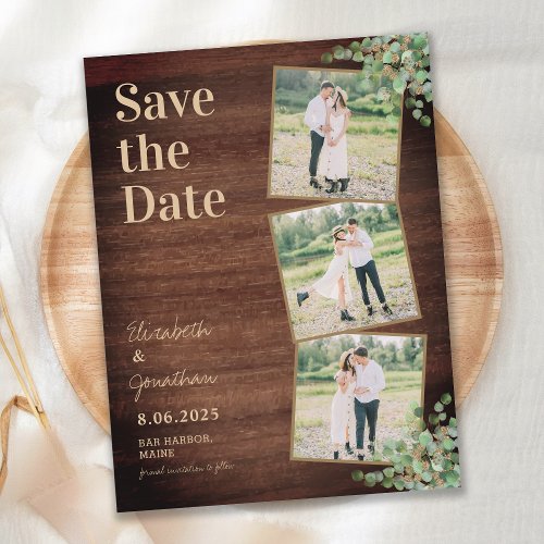 Rustic Wood Greenery Eucalyptus Photo Collage  Sav Announcement Postcard