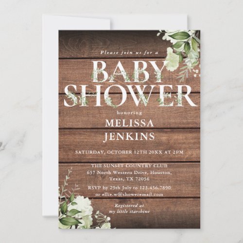 Rustic Wood Greenery Floral Letter Baby Shower Invitation