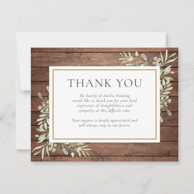 Rustic Wood Greenery Funeral Celebration of Life Thank You Card (Front)