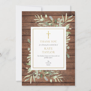 Rustic Wood Greenery Funeral Memorial Gold Cross Thank You Card