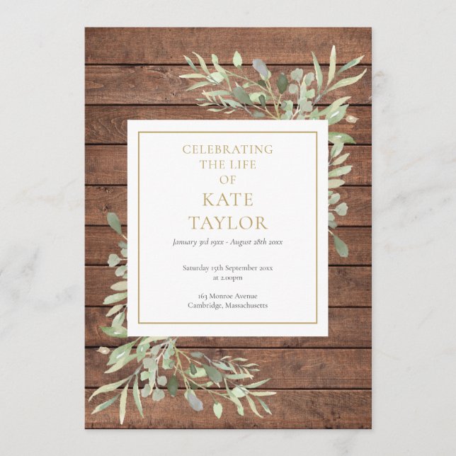 Rustic Wood Greenery Funeral Order Of Service Program (Front)