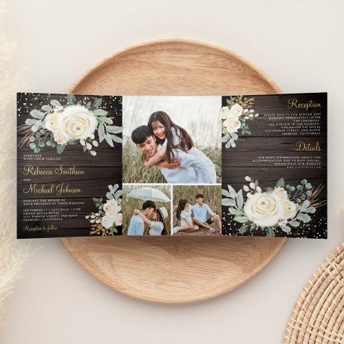 Rustic Wood Greenery Gold Ivory Floral Wedding Tri_Fold Invitation