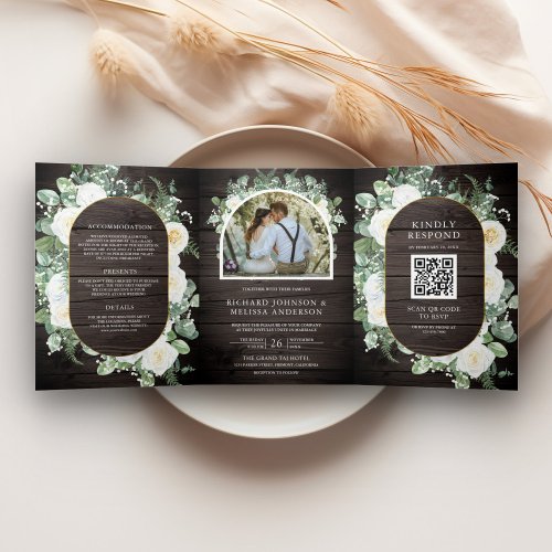 Rustic Wood Greenery Ivory Floral QR Code Wedding Tri_Fold Invitation