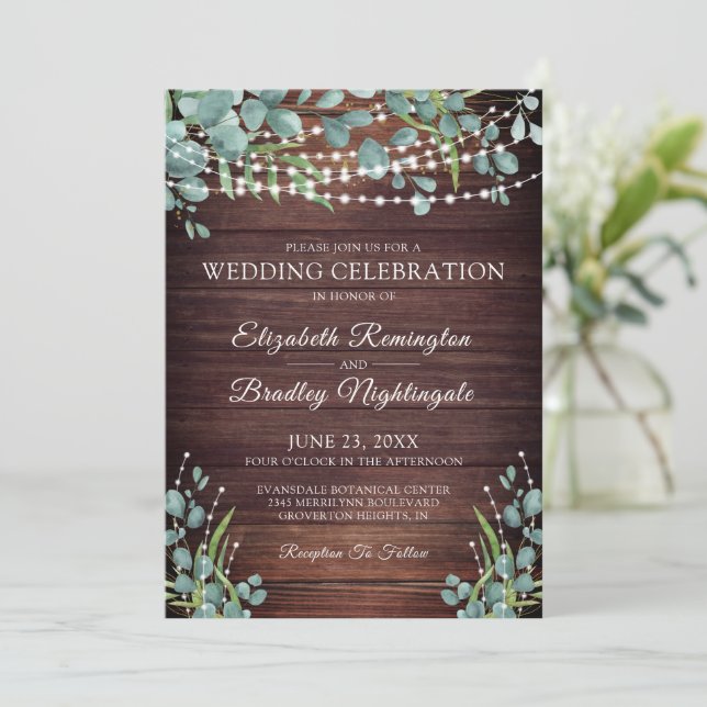 Rustic Wood Greenery Lights Wedding Celebration Invitation (Standing Front)