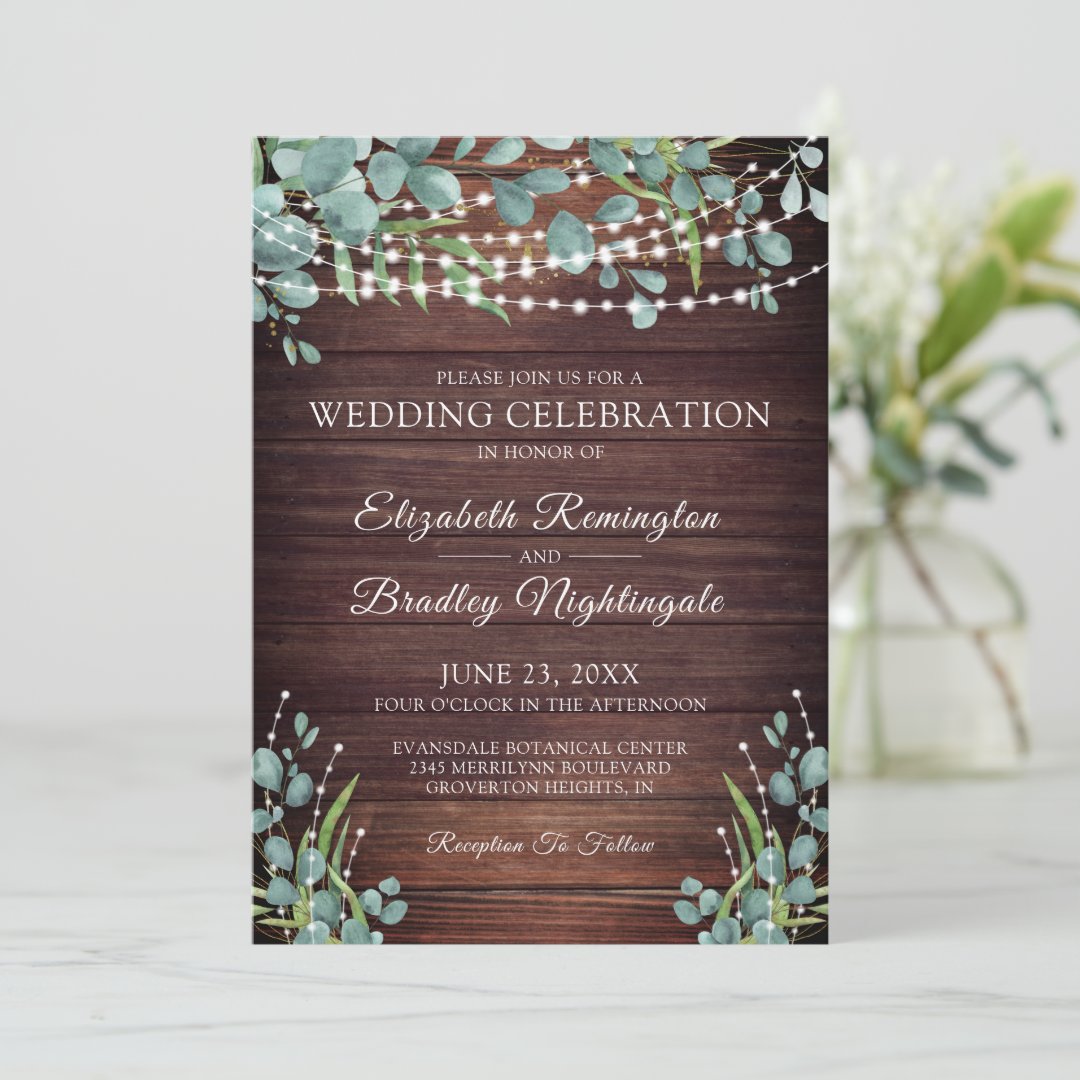 Rustic Wood Greenery Lights Wedding Celebration Invitation | Zazzle