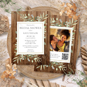 Rustic Wood Greenery QR Code Photo Bridal Shower Invitation