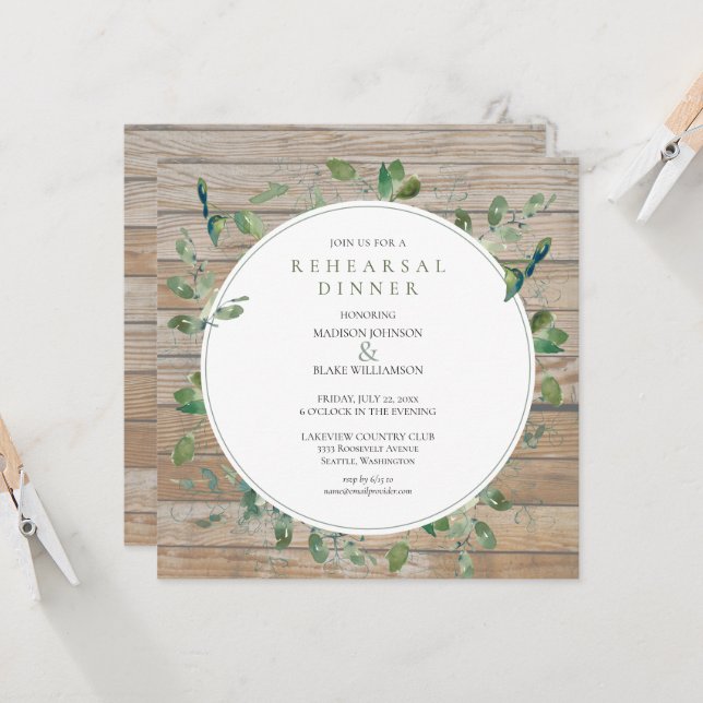 Rustic Wood Greenery Rehearsal Dinner Invitation (Front/Back In Situ)