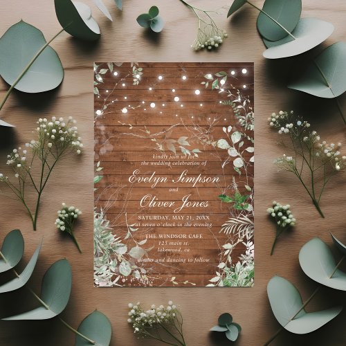 Rustic Wood Greenery Script Wedding Invitation
