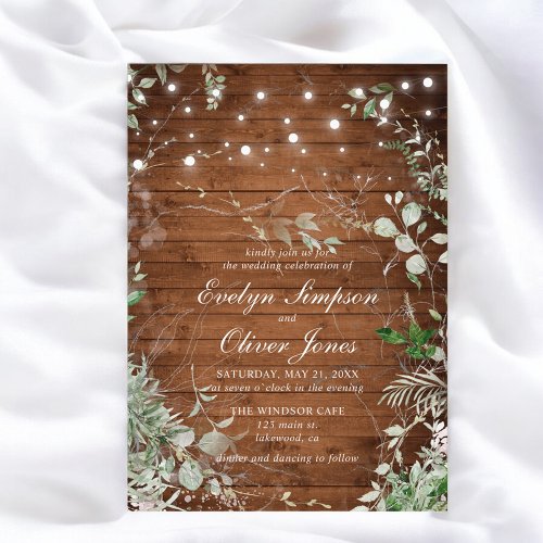 Rustic Wood Greenery Script Wedding Invitation