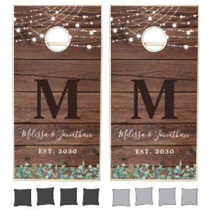 Rustic Wood Greenery String Lights Barn Wedding Cornhole Set