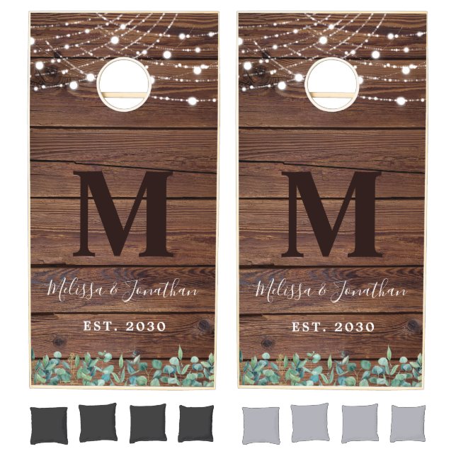 Rustic Wood Greenery String Lights Barn Wedding Cornhole Set (Set)
