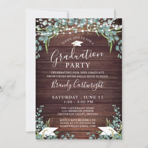 Rustic Wood Greenery String Lights Graduation Invitation