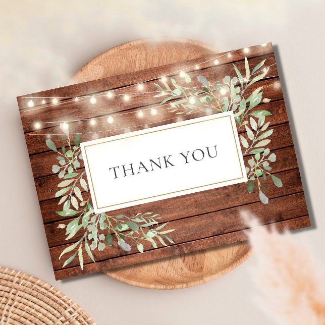 Rustic Wood Greenery String Lights Thank You Card (Creator Uploaded)