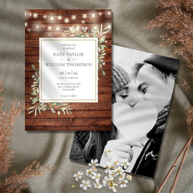 Rustic Wood Greenery String Lights Wedding Photo Invitation (Creator Uploaded)