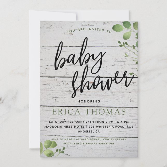 Rustic Wood Greenery Typography Baby Shower Invite (Front)