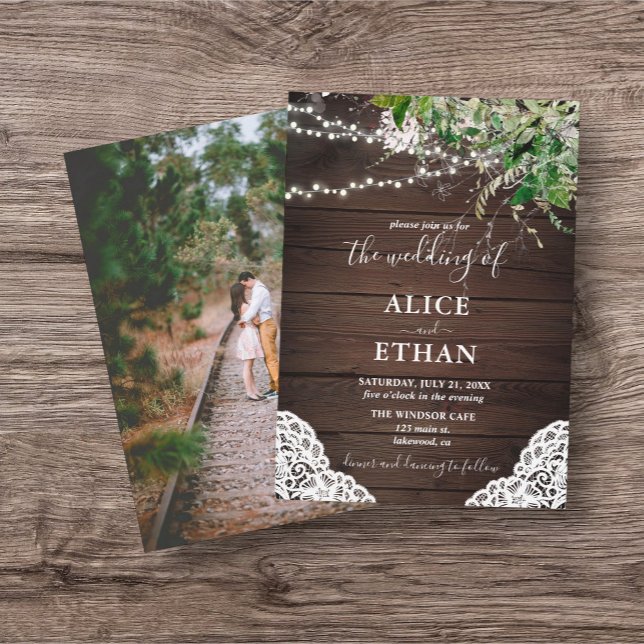 Rustic Wood Greenery Wedding Photo Invitation (Creator Uploaded)