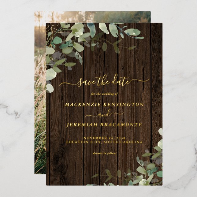 Rustic Wood Greenery Wedding Save the Date Foil Invitation (Front/Back)
