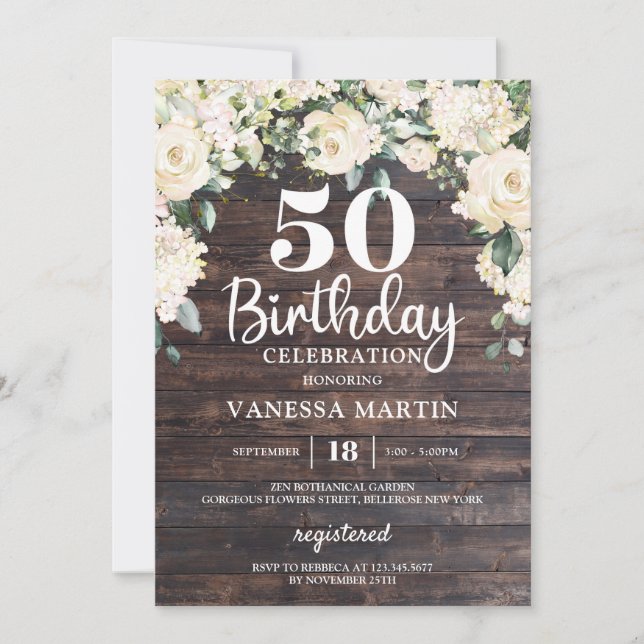 Rustic wood greenery white floral 50th birthday invitation (Front)