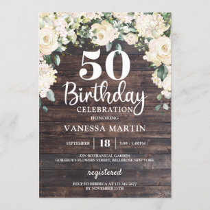 Rustic wood greenery white floral 50th birthday invitation