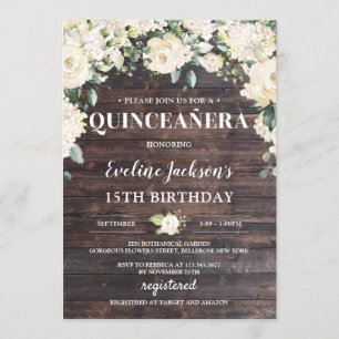 Rustic wood greenery white floral boho Quinceañera Invitation