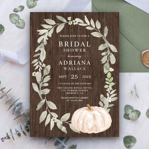 Rustic Wood Greenery White Pumpkin Bridal Shower Invitation