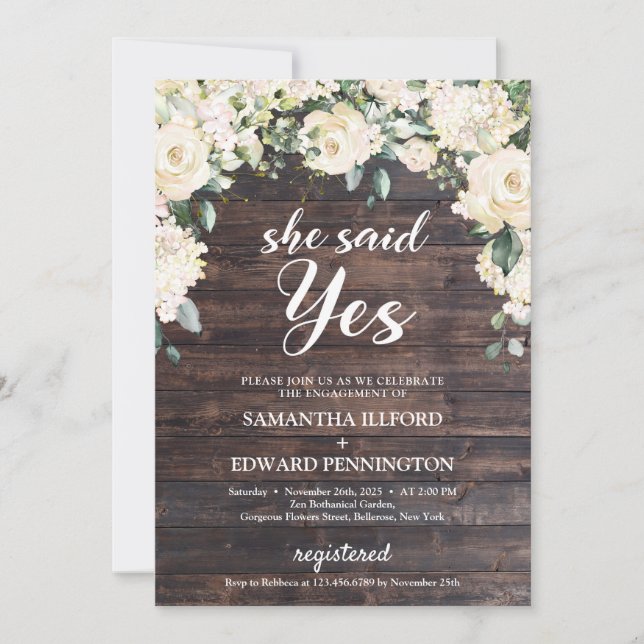 Rustic wood greenery white rose boho she said yes invitation (Front)