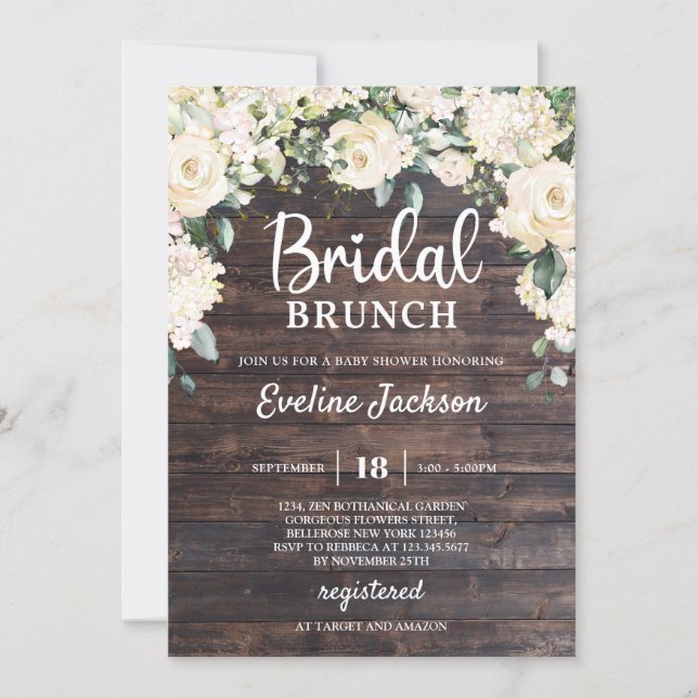 Rustic wood greenery white roses bridal brunch invitation (Front)