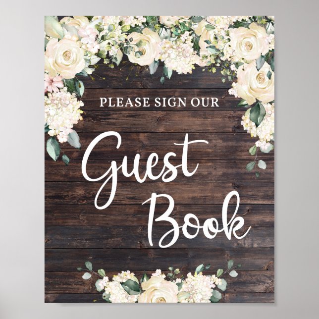 Rustic wood greenery white roses guest book sign (Front)