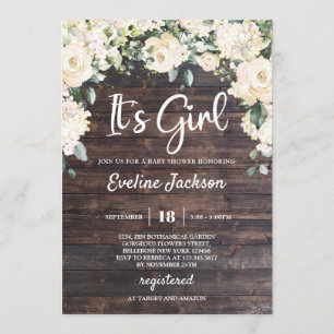 Rustic wood greenery white roses it's a girl baby invitation