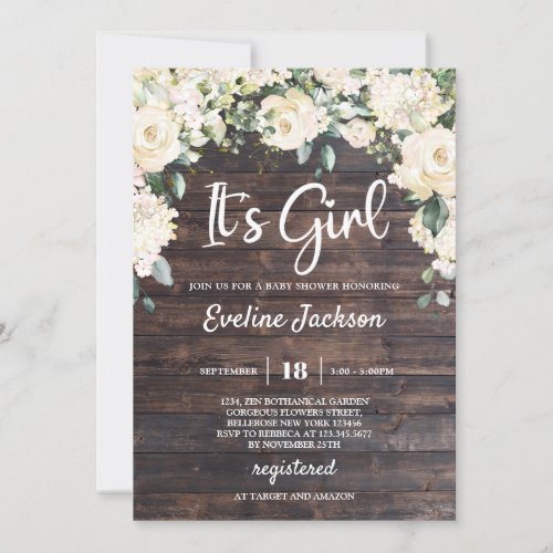 Rustic wood greenery white roses its a girl baby invitation