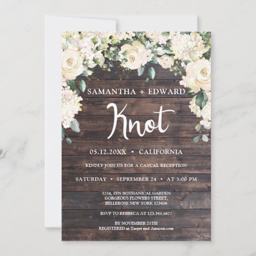 Rustic wood greenery white roses tied the knot invitation