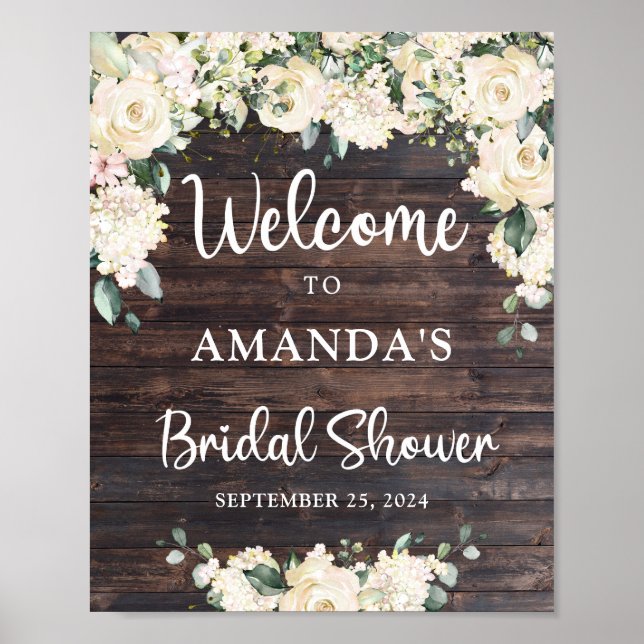 Rustic wood greenery white roses welcome sign (Front)