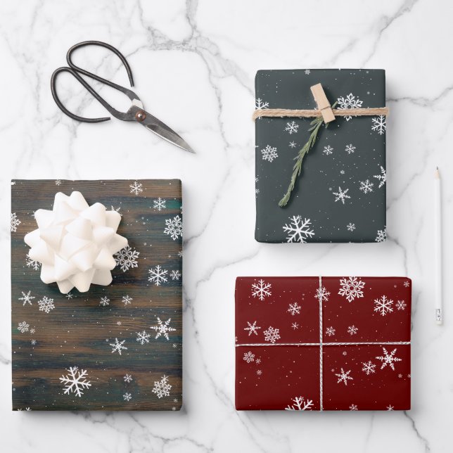 Rustic Wood Grey Red Snowflakes Christmas Holidays Wrapping Paper Sheets (Front)