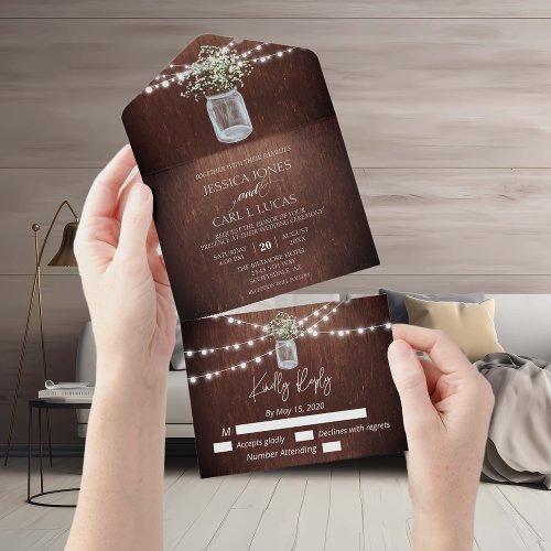 Rustic Wood Gypsophila Babys breath Mason Jar  All In One Invitation