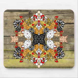 Rustic Wood Hand Drawn Funny Cartoon Chicken Art Mouse Pad