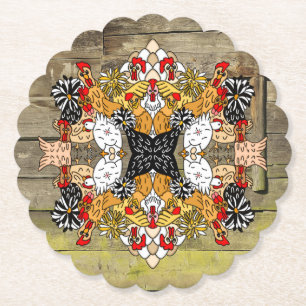 Rustic Wood Hand Drawn Funny Cartoon Chicken Art Paper Coaster