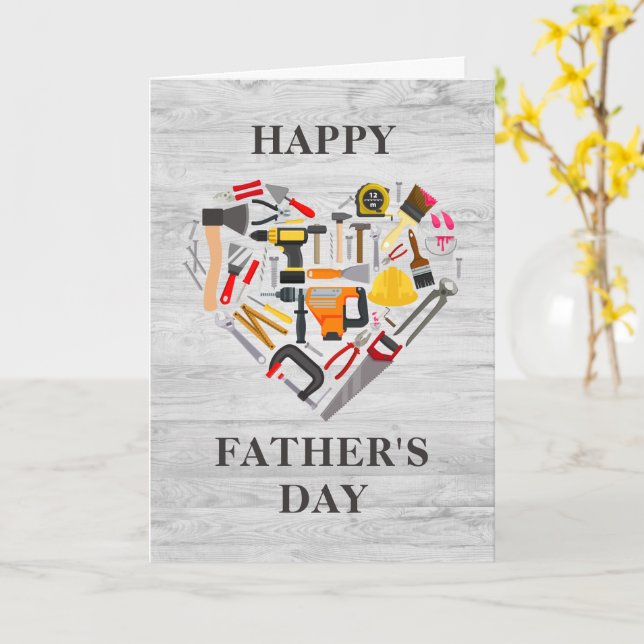 Rustic Wood Handyman Tool Heart Happy Father's Day Card (Yellow Flower)